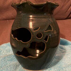 VTG 1999 Art Pottery LG Teal Candle Holder-Cagle Rd Pottery-Seagrove NC-7"H-EUC